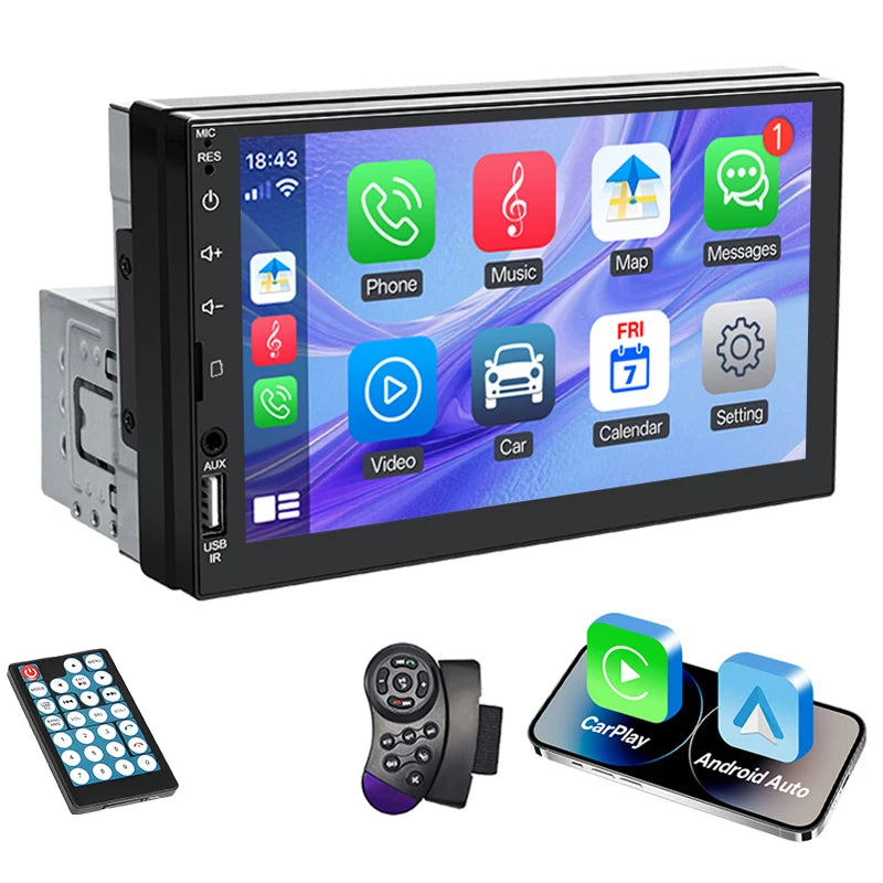 7 Inch 1 Din Car Radio HD Touch Screen Multimedia Player Carplay Android Auto Universal Bluetooth Mirror Link FM Aux