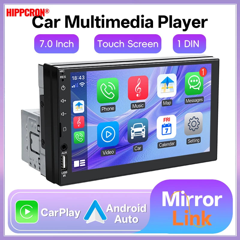 7 Inch 1 Din Car Radio HD Touch Screen Multimedia Player Carplay Android Auto Universal Bluetooth Mirror Link FM Aux