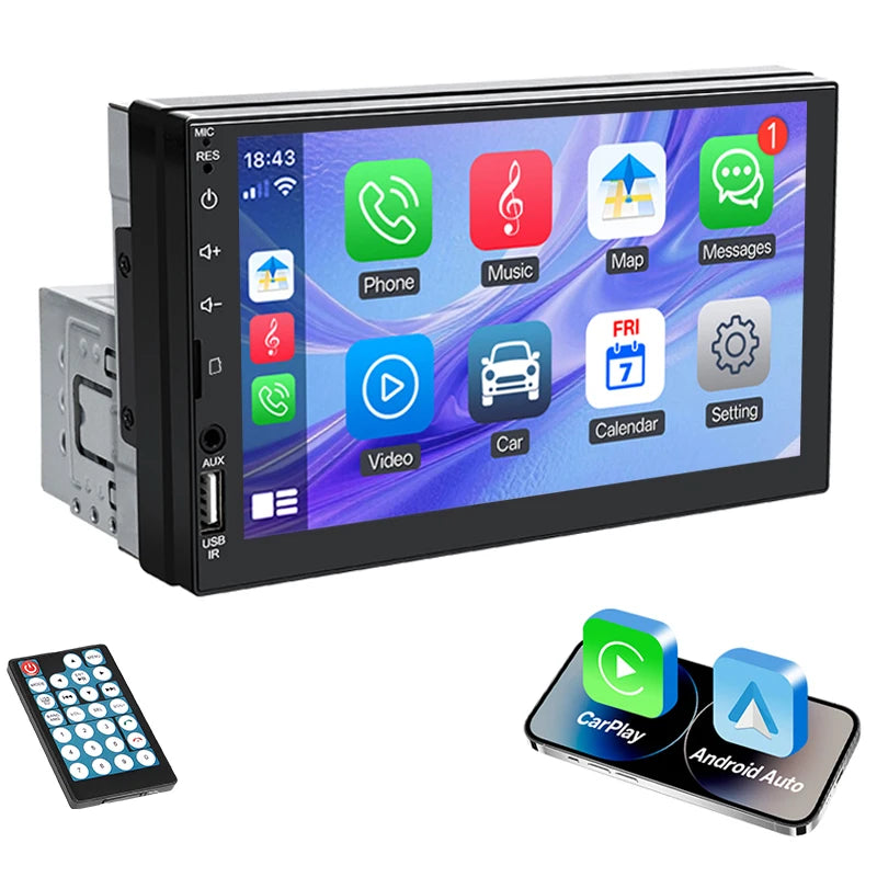 7 Inch 1 Din Car Radio HD Touch Screen Multimedia Player Carplay Android Auto Universal Bluetooth Mirror Link FM Aux