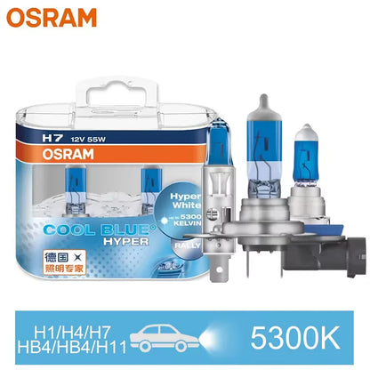 H7 H4 H1 H11 HB3 9005 HB4 9006 Halogen Headlight Car Light Hi/Lo Beam 5300K 12V 55W Cool Blue Hyper White Bulb(2 Pieces)