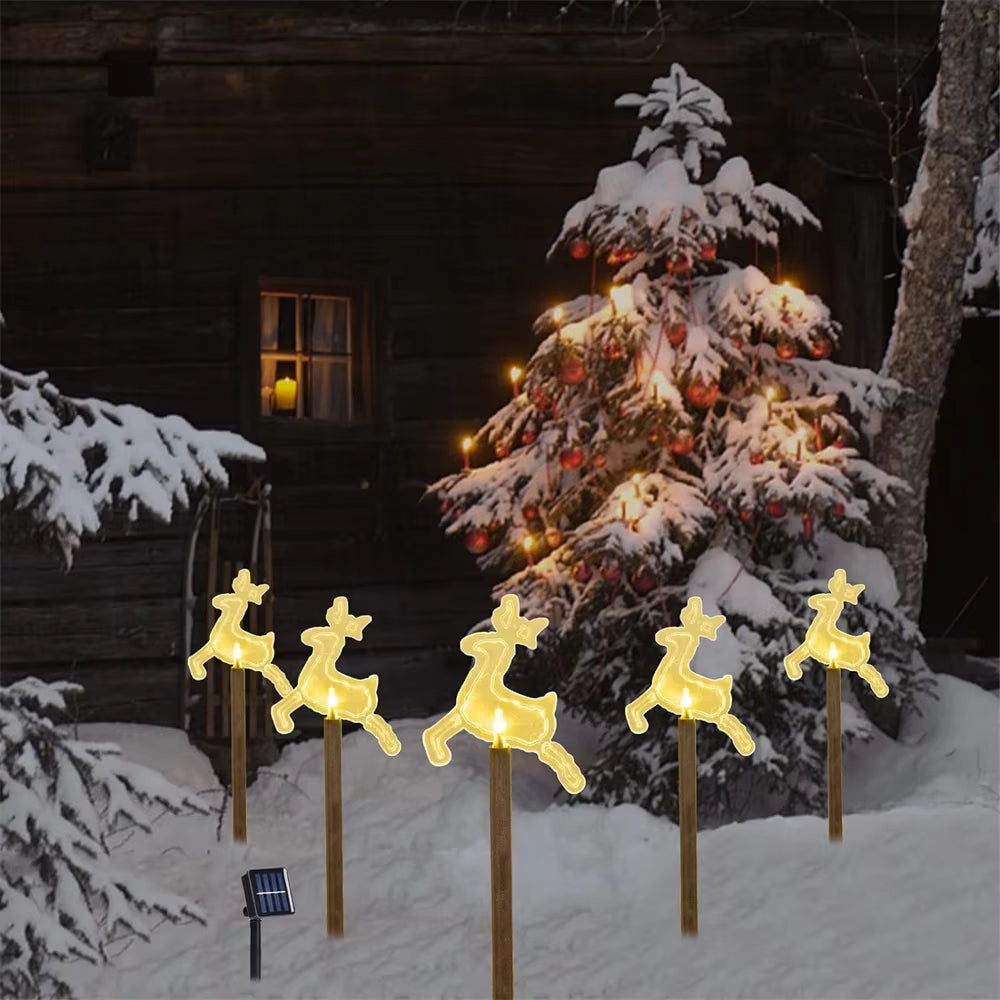 5PC Christmas Fawn Solar Stake Lights Waterproof Landscape Christmas Lights Pathway Christmas Decorations LED Lights Lawn