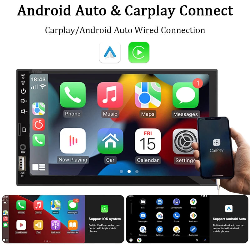 7 Inch 1 Din Car Radio HD Touch Screen Multimedia Player Carplay Android Auto Universal Bluetooth Mirror Link FM Aux
